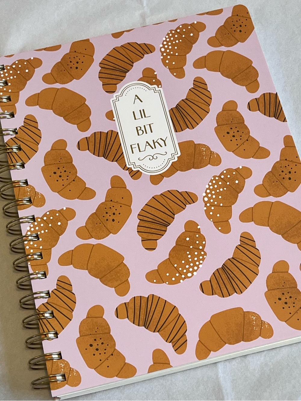 A Lil Bit Flaky Spiral Notebook - Pink with Brown Croissant Pattern NWOT